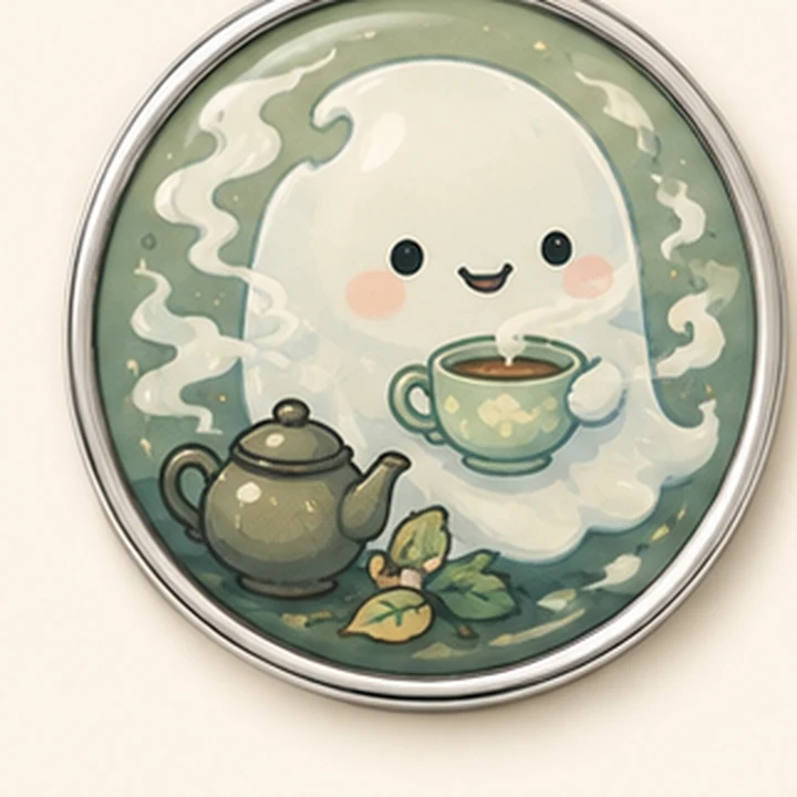 Tea Time Ghost round pin badge